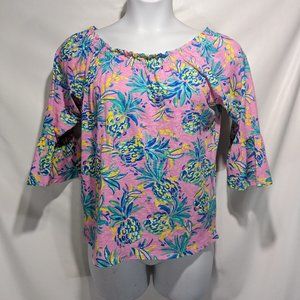 NEW Stella Parker Off the Shoulder 3/4 Sleeve Fresh Pink Pineapple Top Larg